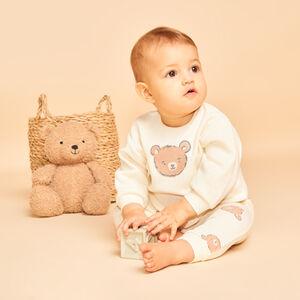 Σετ φόρμας μωρού 2 τεμαχίων από ύφασμα κηρήθρας με τύπωμα αρκουδάκι Teddy Love εκρού 