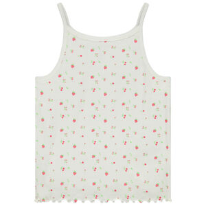 Μπλουζάκι αμάνικο σε πλεκτό côtelé με feston και φαντεζί σχέδιο για κορίτσι 