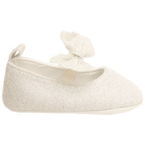 Ασημένια παπούτσια με ελαστικό λουράκι και φιόγκο για bebe κορίτσι 