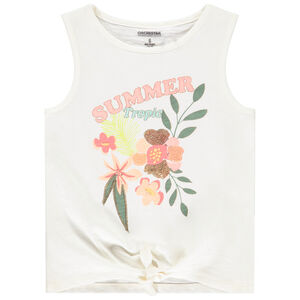 Μπλουζάκι αμάνικο jersey με εφέ κόμπου, παγιέτες και glitter για κορίτσι 