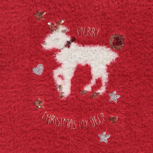 Πουλόβερ από πλεκτό με εφέ συνθετικής γούνας και κέντημα ελαφιού για κορίτσι 