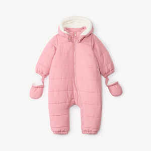 Combi pilote με επένδυση από πάνινο ύφασμα σε μονόχρωμο ροζ για bebe κορίτσι με διαφορετικά φινιρίσματα ανάλογα με την ηλικία 