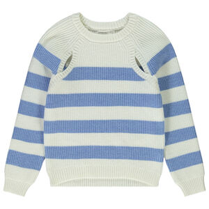 Πουλόβερ πλεκτό ριγέ με αζούρ μανίκια για κορίτσι 