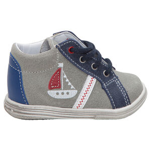 Μποτάκια δερμάτινα σουέτ με κορδόνια και στάμπα καραβάκι 