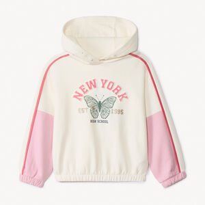 Φούτερ molleton με κουκούλα κρουαζέ και σχέδιο πεταλούδα σε χρώματα effet color block écru και ροζ για κορίτσι 