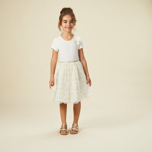 Γιορτινό φόρεμα κοντά μανίκια με εφέ 2 σε 1 από τούλι με κέντημα για κορίτσι 