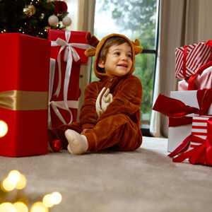 Παιδική πιτζάμα sherpa με χριστουγεννιάτικο τάρανδο για μωρό αγόρι καφέ 