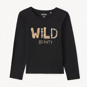 Μπλούζα με μακριά μανίκια jersey μαύρη με διακοσμητικά στοιχεία για κορίτσι 